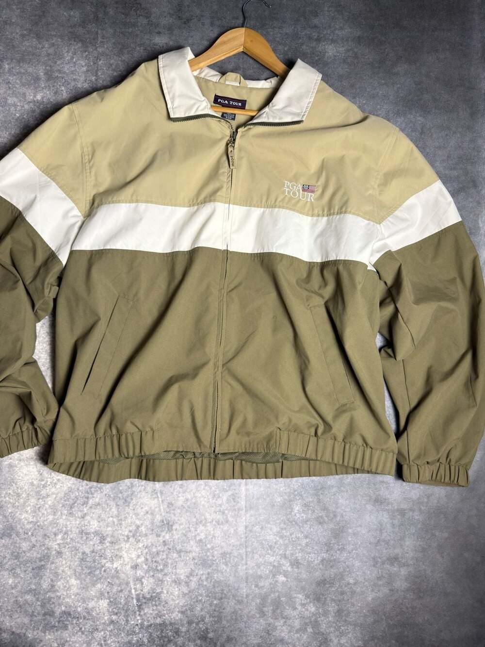 PGA Tour Men's Colorblock Windbreaker Jacket Size XL Tan White Olive